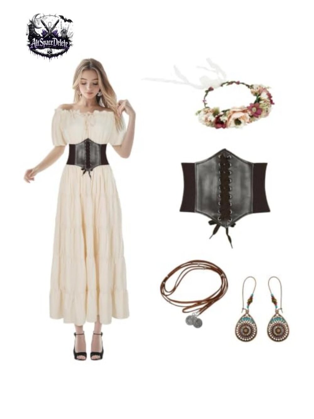 Renaissance Medieval Fairy Peasant Dress 5-Piece Costume Set